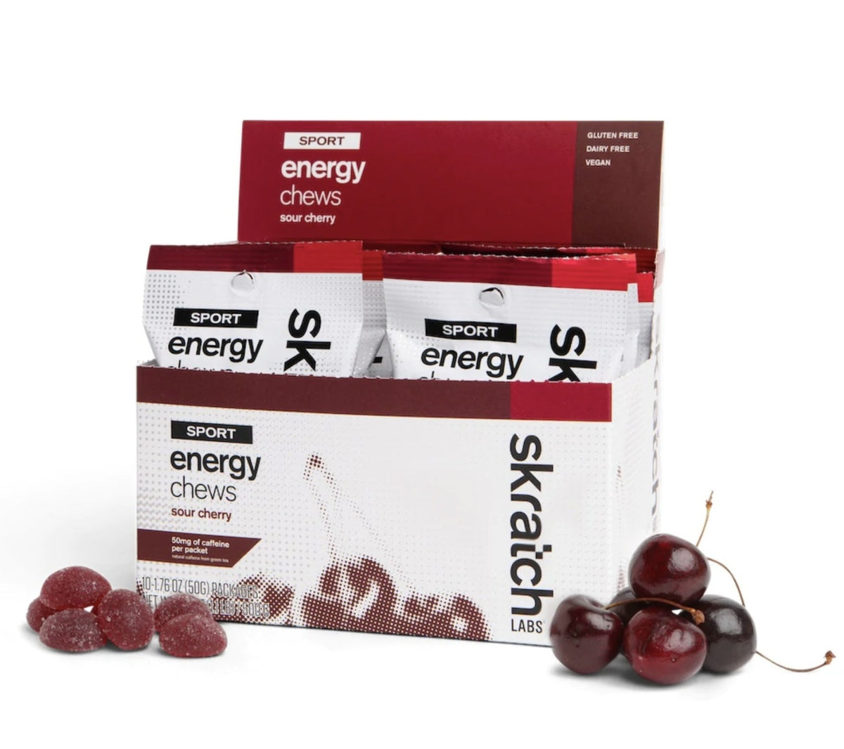 Skratch Labs, Sport Energy Chews, Sour Cherry, Caffeinated, 10 x 50g