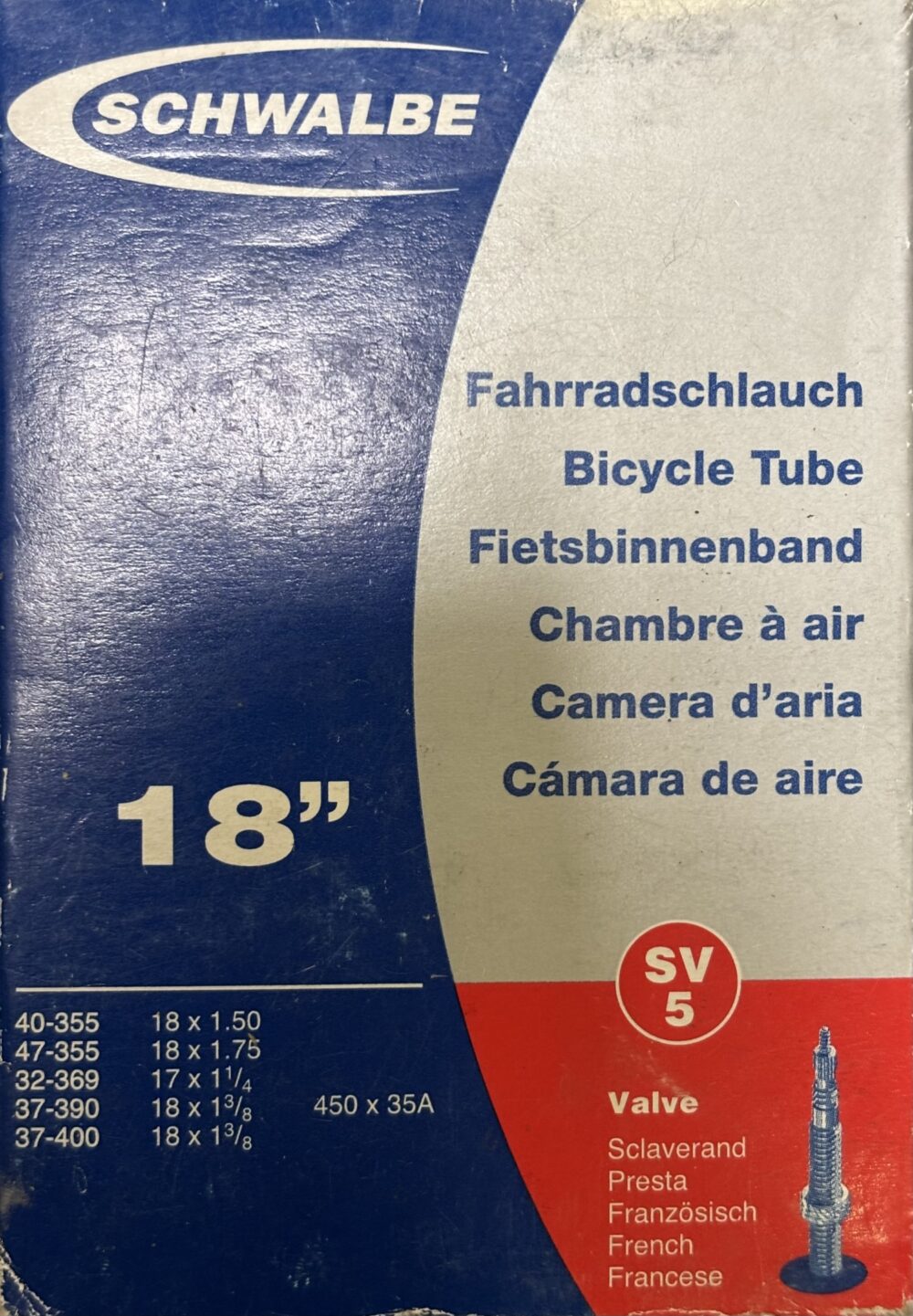 Schwalbe Tube #5 17 x 1-1/4: 18 x 1.5 Presta Valve, Standard Length 40mm